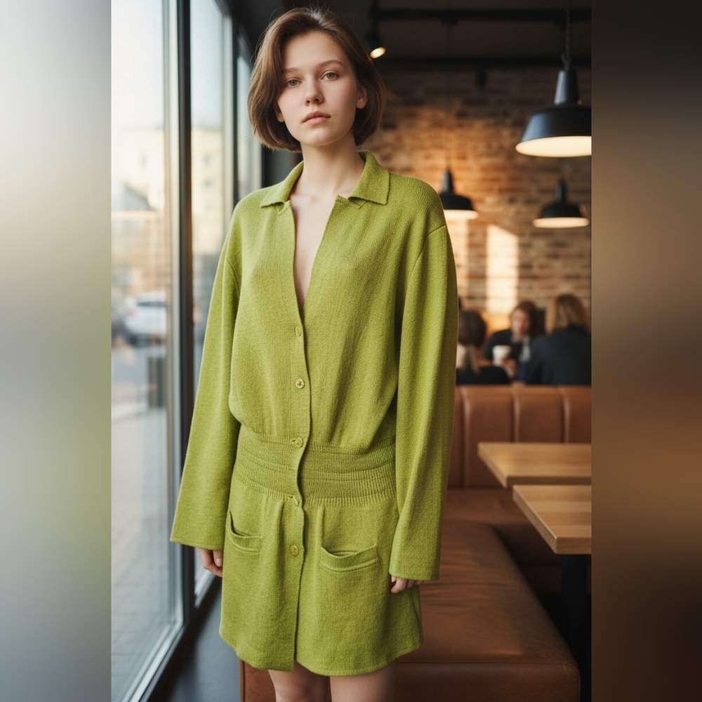 Vintage Express Drop Waist‎ Green Sweater Cardigan Y2K Size Medium Retro Slouchy